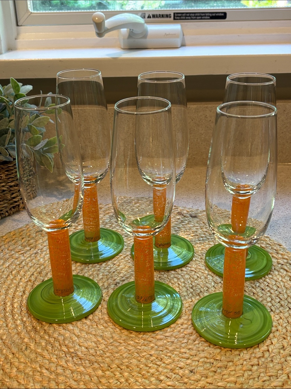 (6) Vintage (?) Champagne Flutes - Orange Stem & Green Base